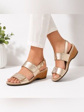 Vionic Marian Metallic Gold Wedge Sandals Adjustable Slingback Shoes Orthopedic